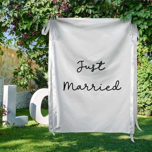 Oudain 29x39 Inch Just Married Burlap Banner, Wedding Fabric Backdrop with Ribbons and Hooks, Rustic Boho Photo Props Sign for Wedding Marriage Party Indoor Outdoor Wall Hanging Decoration - size: 29x59 Inch, style: Just Married