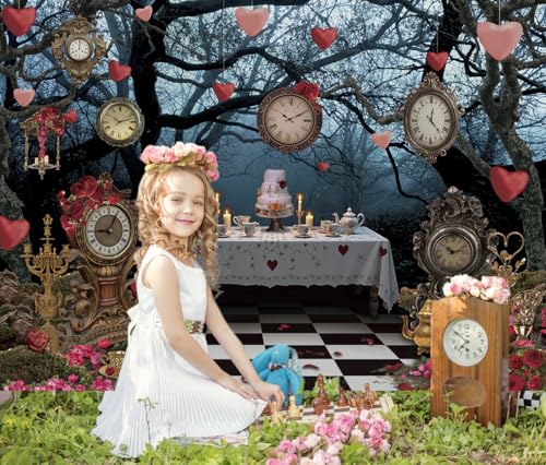 Wonderland Enchanted Forest Backdrop Rose Floral Pocket Watch Cake Table Checkerboard Tea Party Photography Background Kids Adult Birthday Baby Shower Halloween Party Decor Banner Photo Props (8x6FT)