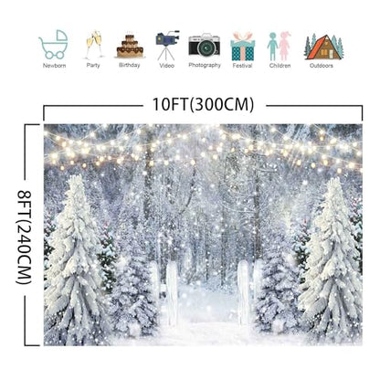 10x8ft Polyester Fabric Winter White Snowy Forest Backdrop Photography Glitter Wonderland Nature Xmas Trees Pine Forest Holiday Party Decor Kids Family Photo Studio Prop (LI- 805-3-JF) - size: 10'x8'