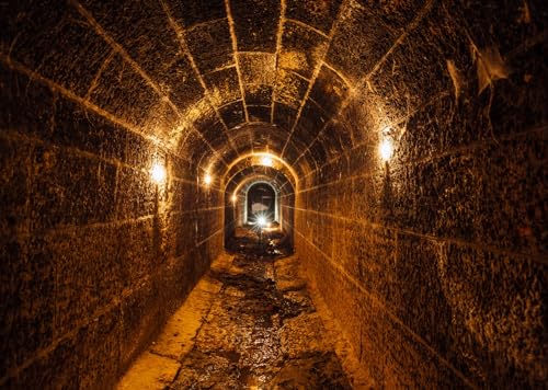 12x8ft Fabric Dark Underground Tunnel Backdrop Creepy Abandoned Tunnel Vintage Brick Stone Wall with Light Background Underground Passage Backdrop Party Decorations Photo Studio Props - size: 12x8FT