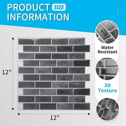 Art3d 10-Sheet Kitchen Backsplash Tiles Peel and Stick, Self Adhesive Wall Tile Sticker for Kitchen Island Bathroom Laundry Room RV Renter 12" x 12" - Smoky Black - color: Smoky Black