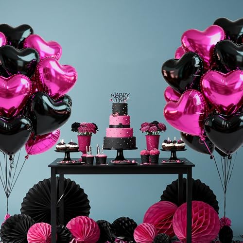 TONIFUL 30Pcs 18 Inch Black Hot Pink Balloons Black Rose Pink Heart Shape Foil Mylar Banners Decoration for Birthday Valentine's Day Wedding Bridal Shower Anniversary Engagement Party Supplies - color: Black Hot Pink
