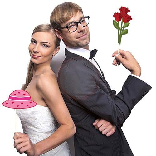 Valentine's Day Photo Booth Props Lovers Selfie Photobooth Props for Photography Funny Heart Rose Glasses Beard Lips Hat Wedding Props Decoration for Valentine's Theme Party Supplies 25 Pcs