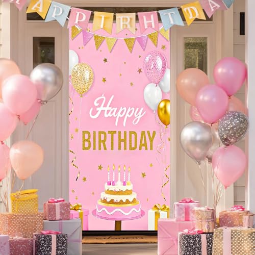 HOMETITUTE Birthday Door Cover 71x35 Inch Pink and Gold Birthday Banner for Party Decorations Cake Balloon Gift Backdrop Sign for Women Girls Kids Photo Booth Prop Wall Use - color: Pink