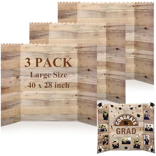 3 Pack Large Graduation Trifold Poster Board 40 x 28 Inch Wood Grain Photo Display Board Rustic Vintage Corrugated Project Boards for 2026 Grad Party Decoration Picture Collage Supply