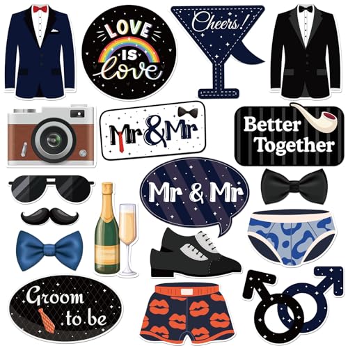 Mr & Mr Photo Booth Props, Men Gay Wedding Photoshoot Groom to Be Bachelor Party Photography Props Favor Centerpiece Sticks Decorations 18 PCS