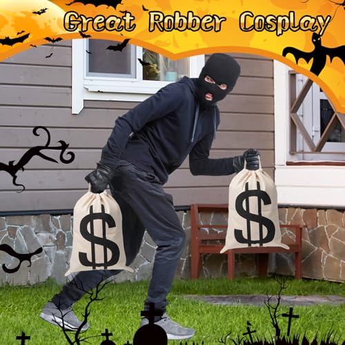 4pcs 7x13.8 Inches Canvas Money Bags - Costume Money Bag Prop with Dollar Sign, Money Sacks for Halloween Bank Robber Pirate Cowboy Cosplay Theme Party - size: M-7 x13.8 in