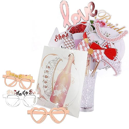Wedding Photo Booth Props, Bachelorette Party Decorations, Engagement Party Decorations in Rose Gold, Pink with Glitter 23 pcs Pre-Assembled Funny Props