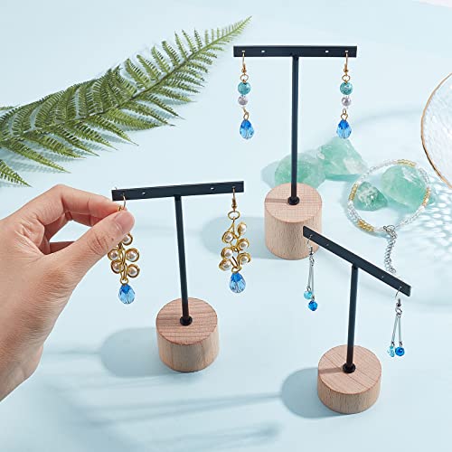 FINGERINSPIRE 3 Pcs Black Metal T Bar Earring Display Stand with Wooden Round Base 4 Holes Earrings T Stand Hanging Earring Organizer for Store Retail Photography Props（4.7 & 5.5 & 6.3 inch Height） - color: 4 Holes With Round Base