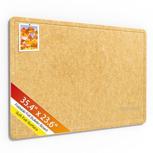 Bulletin Board,35.4 x 23.6 inches Foldable Decorative Felt Pin Board Photo Display Board with Self-Adhesive Tape, Decorative Cork Alternative for Wall Includes 20 Push Pins,Yellow - color: Yellow, size: 35.4 x 23.6 inches