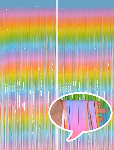 Melsan Pastel Tinsel Backdrop for Easter Decorations, Macaron Rainbow Foil Fringe Curtains 3.2 ft x 8.2 ft for Birthday Party Photo Booth Props Decoration, 2 Pack - color: Rainbow