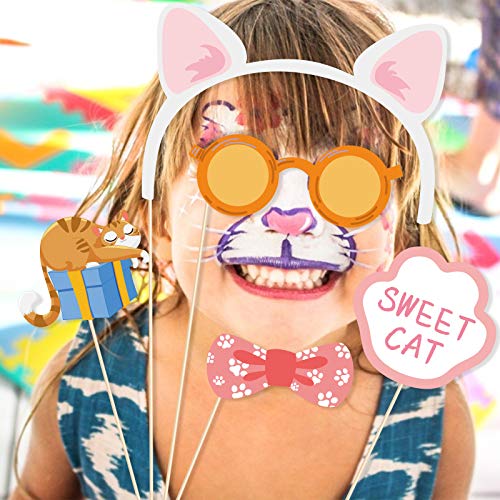25Pcs Cat Photo Booth Props with Stick, Kitty Theme Selfie Props, Meow Birthday Party Supplies, Photography Backdrop Decorations