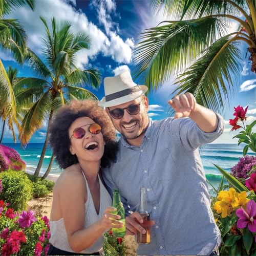 10x8ft Summer Hawaiian Beach Backdrop, Blue Sky White Clouds, Tropical Flowers and Palm Trees Vinyl Background for Luau Aloha Party Decoration Supplies