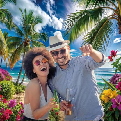 10x8ft Summer Hawaiian Beach Backdrop, Blue Sky White Clouds, Tropical Flowers and Palm Trees Vinyl Background for Luau Aloha Party Decoration Supplies