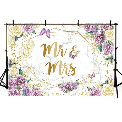 AIBIIN 7x5ft Mr and Mrs Floral Marble Backdrop for Bridal Shower Purple Flowers Butterfly Photography Background Gold Geometric Couple Wedding Party Decorations Bride to Be Engagement Banner Props