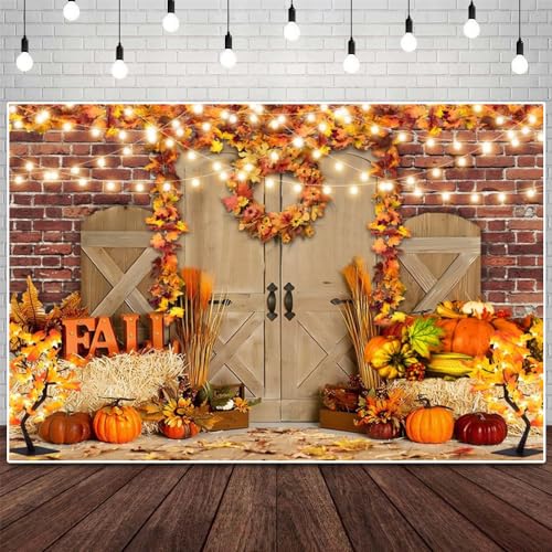 Fall Thanksgiving Backdrop Harvest Red Wall Rustic Farm Door Pumpkin Sunflower Autumn Nature Scenery Photography Background for Portrait Photoshoot Photo Studio 8X6FT - color: Fall 005, size: 8x6ft