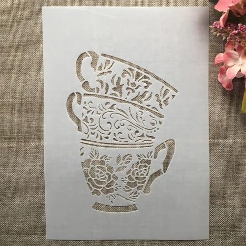 TIAMECH A4 Reusable Coffee Cup Stencil for Painting - Three Tea Cup Layering Template, DIY Wall Art, Wood Furniture, Scrapbook & Crafts (8.3x11.7inch) - style: Cups