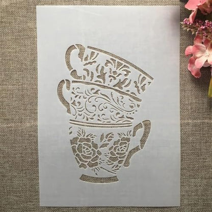 TIAMECH A4 Reusable Coffee Cup Stencil for Painting - Three Tea Cup Layering Template, DIY Wall Art, Wood Furniture, Scrapbook & Crafts (8.3x11.7inch) - style: Cups