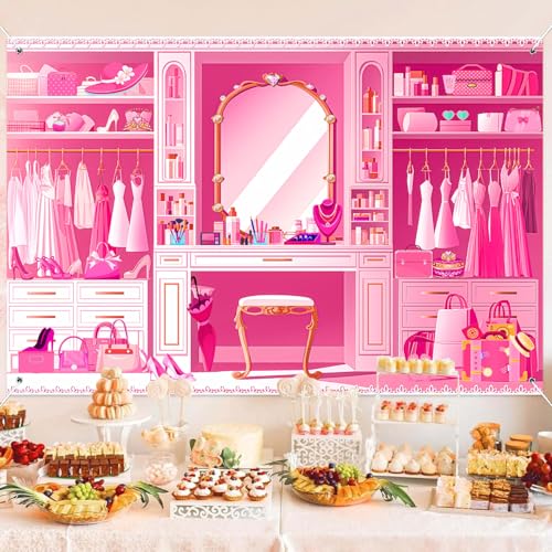 HANYING Pink Princess Cloakroom Backdrop,10x7ft Cartoon Girly Vanity Table Makeup Photography Background,Girls Birthday Baby Shower Photo Backdrop,Portrait Studio Props,HY0137YL