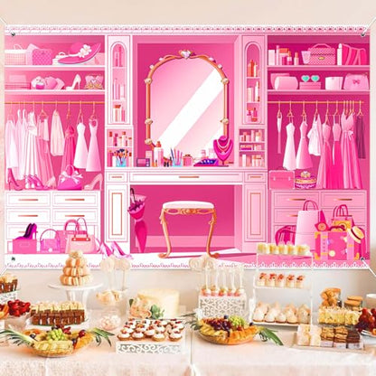 HANYING Pink Princess Cloakroom Backdrop,10x7ft Cartoon Girly Vanity Table Makeup Photography Background,Girls Birthday Baby Shower Photo Backdrop,Portrait Studio Props,HY0137YL