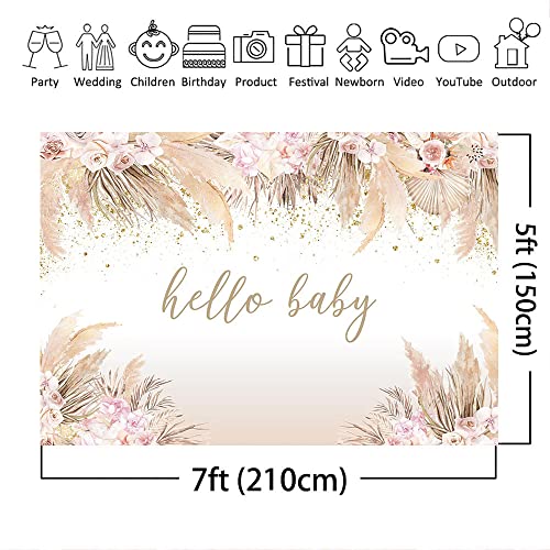 Mocsicka 7x5ft Boho Baby Shower Backdrop Hello Baby Boy Girl Shower Backdrop Decorations Party Banner Pampas Grass Boho Chic Pink Flowers Background Decorations Photo Booth Props - size: 7x5ft