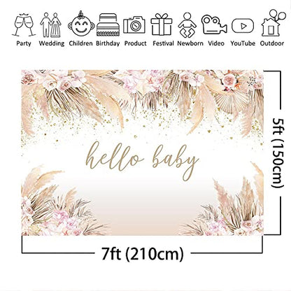Mocsicka 7x5ft Boho Baby Shower Backdrop Hello Baby Boy Girl Shower Backdrop Decorations Party Banner Pampas Grass Boho Chic Pink Flowers Background Decorations Photo Booth Props - size: 7x5ft