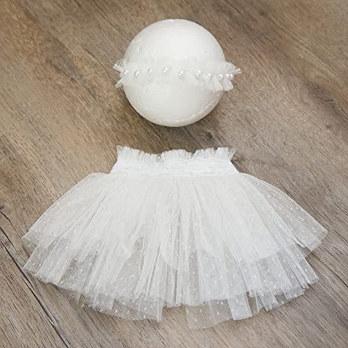 Newborn Baby Photography Props Outfits Girl Lace-Tulle Skirt Baby Girls Photo Prop Headdress for Newborn Girl Photoshoot - color: White