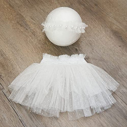 Newborn Baby Photography Props Outfits Girl Lace-Tulle Skirt Baby Girls Photo Prop Headdress for Newborn Girl Photoshoot - color: White
