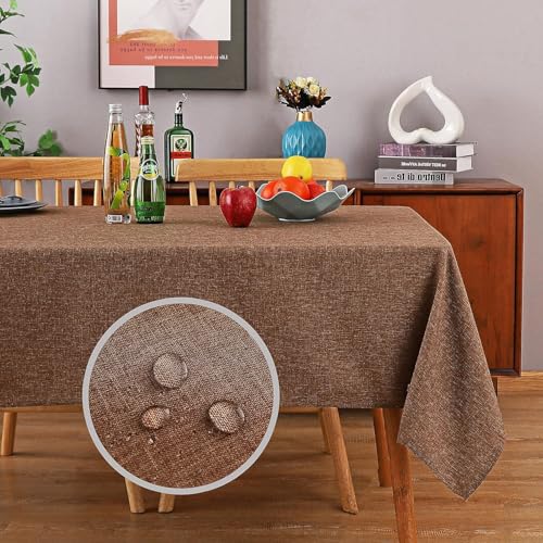 MikiUp Faux Linen Tablecloth - Slubby Textured Weaves Table Cloth for Rectangle Tables, Wrinkle Free Washable Fabric Table Cover for Dining, Farmhouse Outside, Brown 60 x 84 Inch - color: L-brown, size: 84" x 60" (Rectangular)