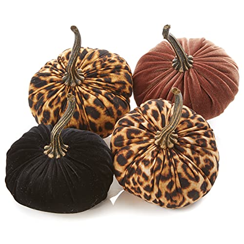Your Heart's Content Set of 4 Small Velvet Pumpkins, Handmade Home Decor, Holiday Mantle Decor, Fall Halloween Thanksgiving Centerpiece, Rustic Fall Wedding Centerpiece (2 Leopard, Bronze, Black) - color: 2 Leopard, Bronze, Black