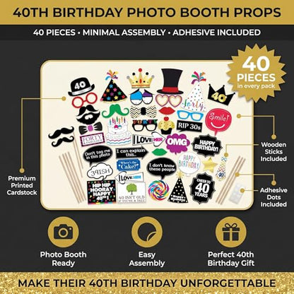 40th Birthday Photo Booth Props - 40 Pieces - Funny Birthday Party Supplies for Him or Her - Photo Booth Decorations, Favors and Gifts