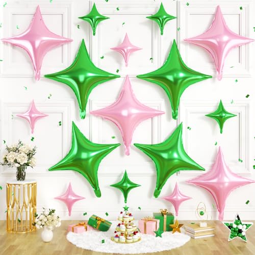 Green Pink Star Balloons, 16 PCS Green Four Angle Star Foil Balloons, 26 Inch and 10 Inch Pink Stars Shaped Balloon for Graduation Birthday Baby Shower Anniversary Engagement Party Decorations - color: Green Pink