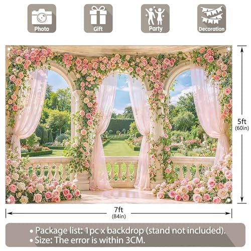 Fabric 7x5ft Spring Window Scenery Photography Backdrop Pink Flowers Rose Graden Background Girl Princess Wedding Bridal Shower Birthday Party Decorations Photo Props - size: 7'x5'