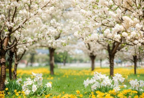 Kate Spring Backdrop White Sakura Green Grass Natural Scenery Forest Trees Season Holiday Photography Props, 7x5ft - size: 7x5ft
