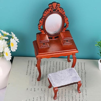 1/12 Vanity Desk with Stool Photo Props Decorative Pretend Makeup Vanity Table Toy for Handcraft Furnishings Micro Landscape