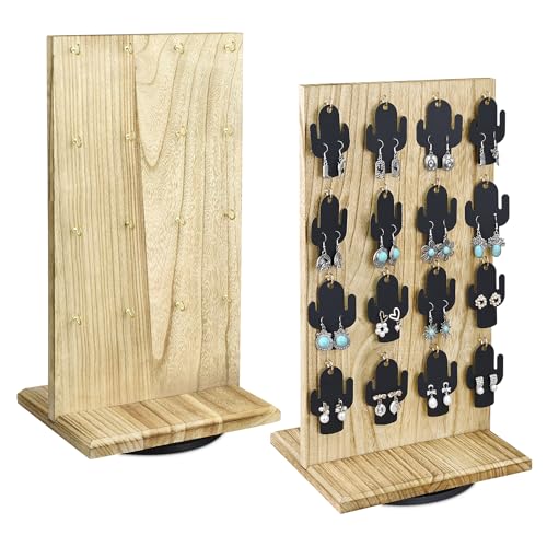 Ikee Design Wooden Rotating Two-Sided Jewelry Display Stand, Rotating Organizer with 32 Hooks for Store, Earring Keychain Display with Hooks, Oak color, 9" W x 7.5" D x 16.5" H - color: Oak, 2 Pieces, Standard Hook