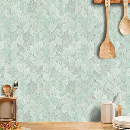 Tilingview 10-Sheet Peel and Stick Backsplash Tile for Kitchen, Self-Adhesive Mosaic Glossy Leaf Stick on Wall Tile with Gaps (Light Green) - color: Leaf Gaps Light Green
