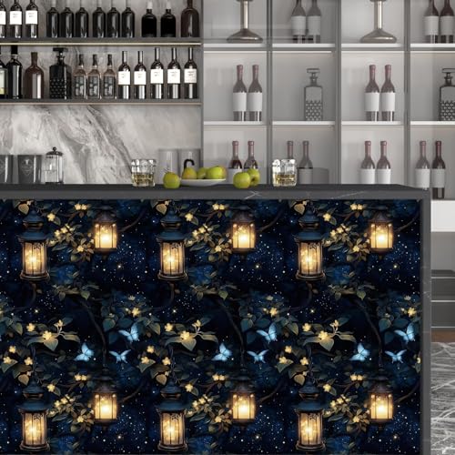 Night Forest Wallpaper Peel and Stick Dark Contact Paper Vintage Green Leaf Wall Paper Vinyl Waterproof Self Adhesive Retro Lantern Butterfly Walls Mural for Bedroom Cabinet Table Décor17.5" x 393" - color: Dark, size: 17.5" x 393"