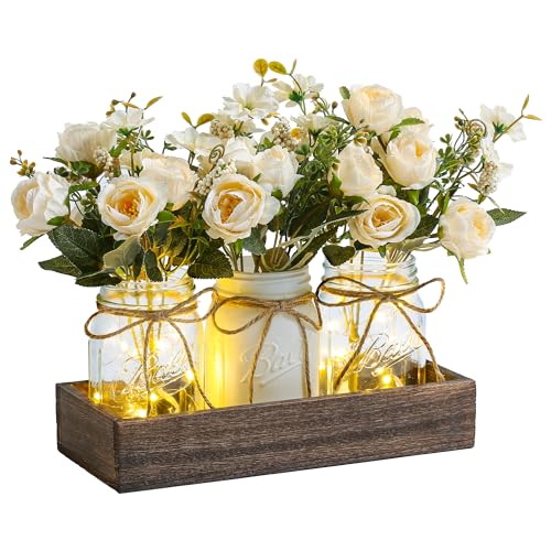 3 Pcs Mason Jar Centerpiece Table Decorations for Dining Table Decor Farmhouse Coffee Table Decor with Wood Tray and Led Light Table Centerpieces for Dining room Kitchen Living Bathroom,White - color: white