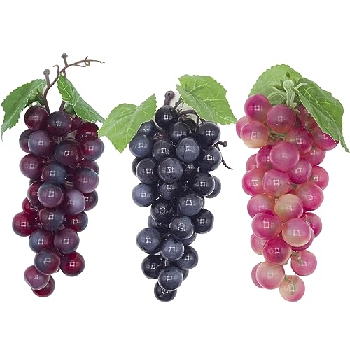 3 Bunches Artificial Grapes Fake Fruit, 7 Inch Decorative Fruit Lifelike Grapes for Craft, Assorted Color Plastic Fruit for Party Kitchen Pub Wedding Sukkot Wine Decor Fruit Display (36 Grains) - color: Mixed Grape & 36