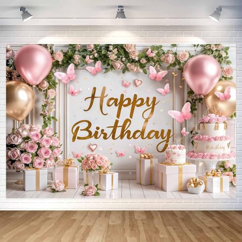 6X4FT Pink Birthday Photography Backdrop Rose Flower Butterfly Balloons Background Women Girl Photo Backdrop Party Decorations Newborn Baby Shower Party Cake Table Banner Photo Studio Props - color: Pink, size: 6X4FT