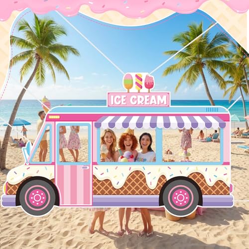Haull Ice Cream Birthday Truck Photo Prop Ice Cream Frame Decoration Large Fabric Backdrop Banner Carnival Themed Photo Booth Prop Background for Summer Holiday Baby Shower Birthday Party - style: Ice Cream
