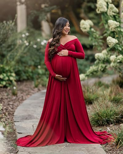 Saslax Maternity Off Shoulders Half Circle Gown for Baby Shower Photo Props Dress - color: 1#-burgundy 162, size: X-Large