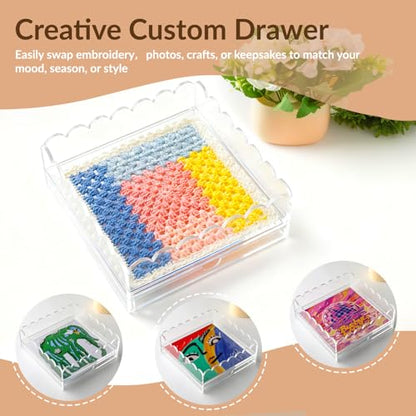 Scalloped Acrylic Tray, 9" x 9" Clear Acrylic Tray with Double Layer Drawer for Insert Needlepoint,Art, Customizable Photos,Fabric,Messages Display Basket,Decorative Tray Gift for Home Office - size: 9''x9''x2.5'' 2d