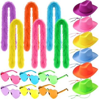 18 Pcs/6 Set Feather Boas Party Pack Include Fluffy Artificial Feather Boas Heart Sunglasses and Cowgirl Hats Bachelorette Accessories Neon Photo Props for Birthday Wedding Costume Parties