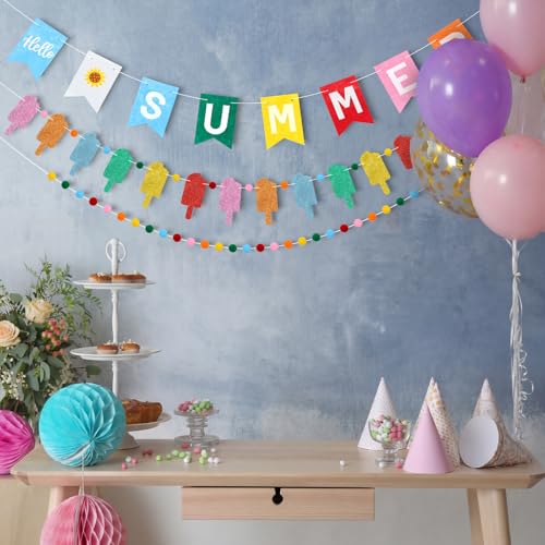 Chumia "hello Summer" ice pop Sucker Banner with Pom-pom Bunting Sucker for Party Wall Decor Hello Summer Banner for Holiday Birthday Carnival Photo Props Farmhouse Indoor Mantels Displays