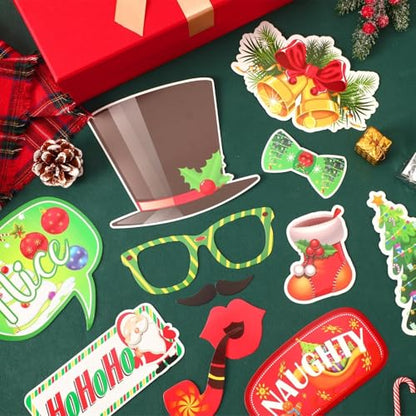 Christmas Photo Booth Props 53 PCS Set - Large Frame 30x25.6 in, Pose Sign Picture Props for Xmas Winter Holiday New Year Party Favors, Selfie Game Decor