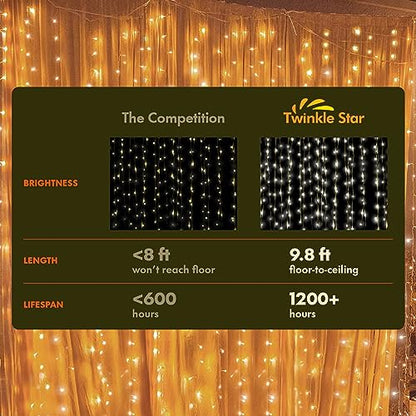 Twinkle Star 300 LED Window Fairy Curtain String Lights, 8 Modes Fairy Lights for Bedroom Wedding Party Home Garden Outdoor Indoor Wall Decorations, Warm White, 2 Pack - size: 300 LED-2PACK