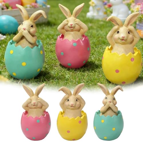 No-See No-Hear No Speak Easter Rabbit Figurines Bunny Sitting in Eggshell Resin Ornament Wise Rabbits Home Desk Shelf Spring Decor, Spring Bunny Statue for Tiered Tray Decor (Green 1pcs) - color: Green