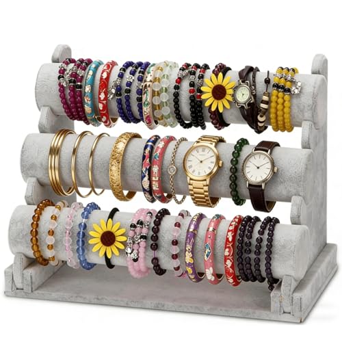 Barelove Velvet Bracelet Holder with 3 Tier Rack, Grey T-Bar Storage Organizer Detachable Display Stand for Necklace Watch Bangles Bracelets Scrunchies Organization Showcase - color: Grey